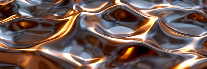 A shimmering gold and amber light illuminates an abstract composition of melted metal Closeup of molten liquid metal material.