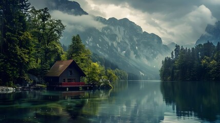 Fototapeta na wymiar Picturesque Cabin Nestled in Serene Lakeside Forest with Majestic Mountain Backdrop and Dramatic Atmospheric Conditions