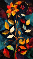 Dynamic and stylish contemporary wall art featuring a modern abstract floral vine motif in bold, bright colors