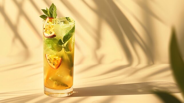 a high-quality AI image for product photography, showcasing a passion fruit mojito