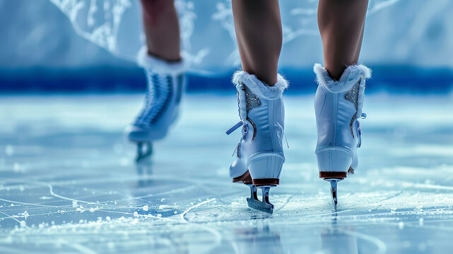 close up of a figure skater doing tricks on ice, figure skater in action, ice skating on ice