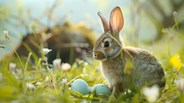 Alert rabbit with Easter eggs in a meadow. Vibrant spring outdoor scene.