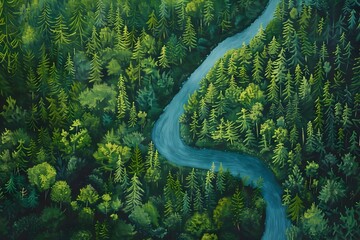 Winding River Cutting Through the Lush and Verdant Norwegian Forest Landscape from an Aerial Perspective Inspired by Native American and First