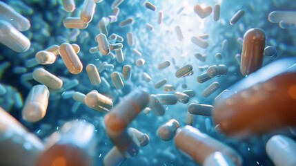 Pills and capsules floating on water surface. health supplements with macro view. Pharmaceutical and nutraceutical design for health care advertising, poster.