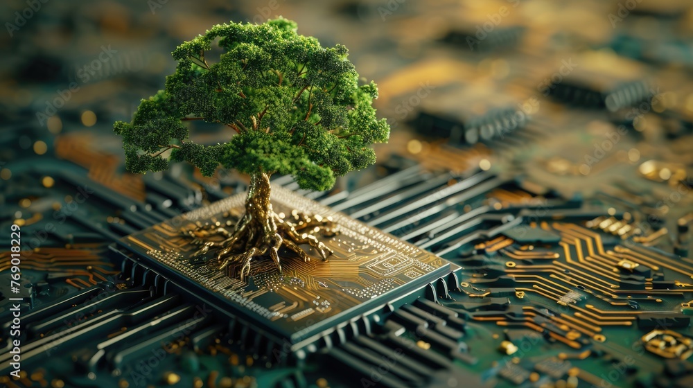 Poster the bottom angle view of the growing green tree on the cpu on the land of the greenish mainboard and