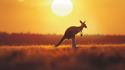 Agile kangaroo bounding effortlessly across sun-drenched Australian outback - obrazy, fototapety, plakaty