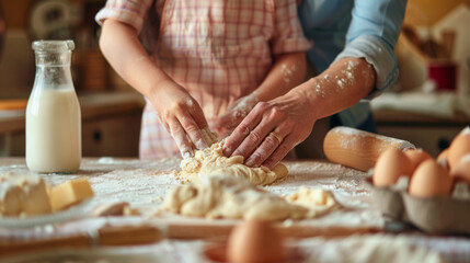 Obraz na płótnie Canvas A child and adult knead dough together on a flour-dusted surface with baking ingredients around.