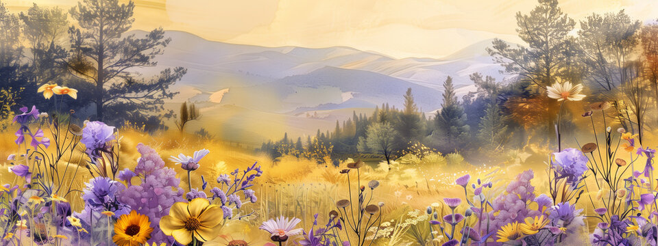 Golden Hour Meadow: Pastoral Landscape Painting with Lavender Wildflowers - Serene Valley View for Rustic Wall Decor
