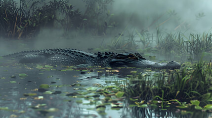 Alligator lurking beneath the murky waters - obrazy, fototapety, plakaty