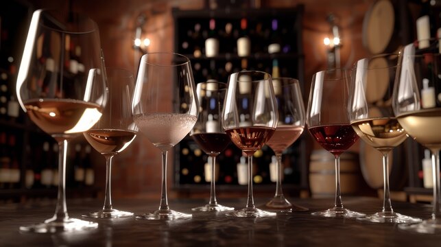 Assortment of wine glasses with various wines on bar counter. Shallow depth of field. Alcohol collection and bar concept