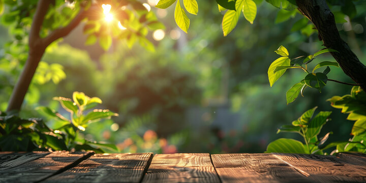 Sunlit Serenity: Fresh Green Leaves Over Old Wooden Planks - Nature's Tranquility for Zen-Inspired Spaces