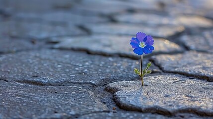 Macro shot of tiny flower sprouting in cracked pavement signifying nature s resilience