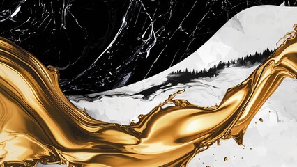 Luxurious abstract liquid art painting using alcohol ink technique, liquid art, liquid oil. Abstract marble waves painted in black, white and gold. Wide banner. Concept for design, print, background