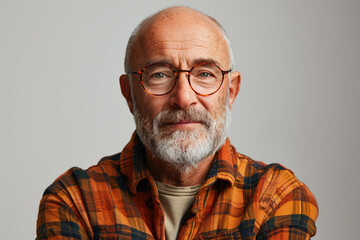 Obraz premium portrait of smiling senior man wearing eyeglasses on a solid gray background