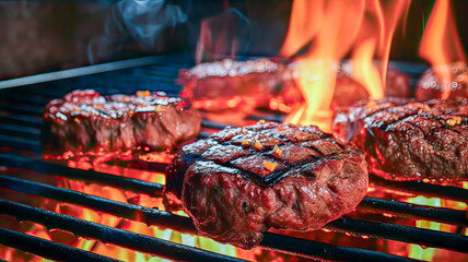 Charred burger meat sizzling on barbecue grill, epitomizing deliciousness, fast-food heaven.