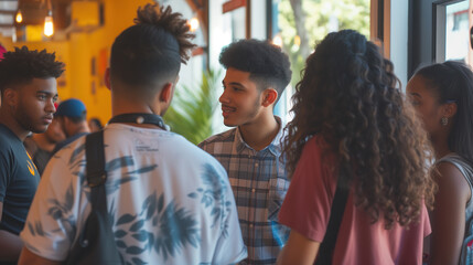 Group of young multicultural people having a friendly chat at a party or during a school break. Friends with diverse backgrounds meeting and socializing indoors.