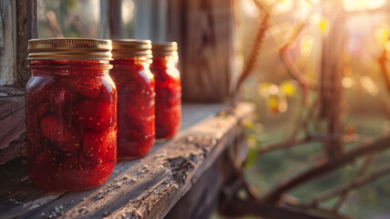 Three jars of preserved strawberries on a wooden surface - obrazy, fototapety, plakaty