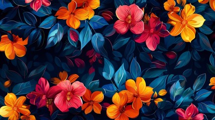 An abstract, vibrant floral vine design for digital wallpaper, bold and energetic in trendy colors - obrazy, fototapety, plakaty