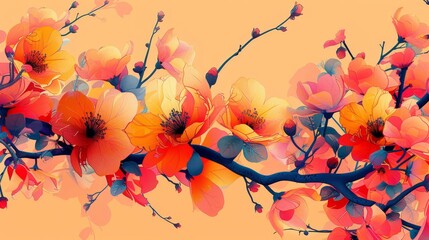 Vibrant and energetic digital wallpaper featuring a trendy abstract floral vine pattern in bold colors for creativity