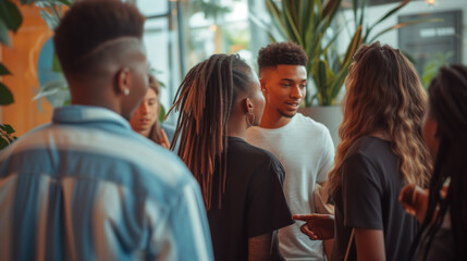 Group of young multicultural people having a friendly chat at a social gathering. Guys and girls with diverse backgrounds meeting and socializing at a party or during a break.