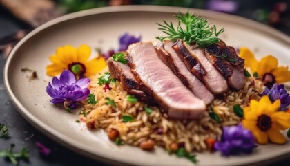Gourmet duck breast with wild rice and edible flowers