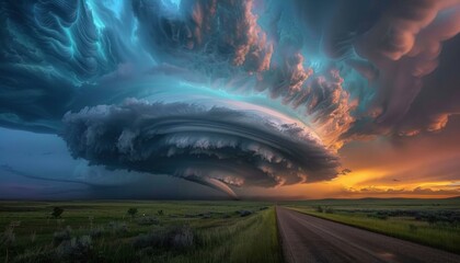 Spectacular supercell storm over prairie road