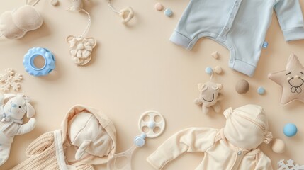 Flat lay with newborn baby beige sleep accessories with pacifier over beige background, pastel colors, pajamas and toys, template copy space in center. Content banner for products for children.