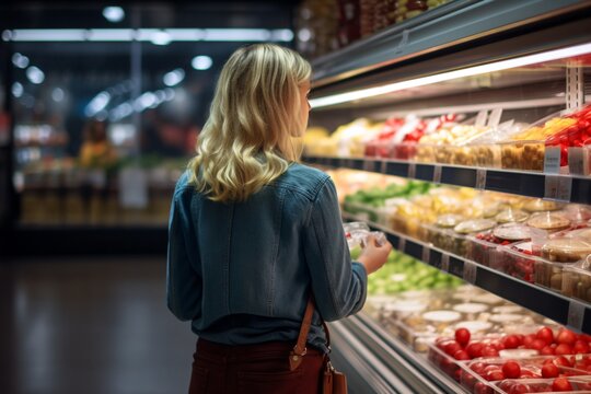 a woman looking at a display of food