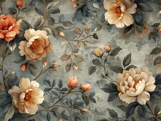 Vintage garden floral vine pattern is classic, timeless for heritage textile prints, soft muted colors, elegant, sophisticated