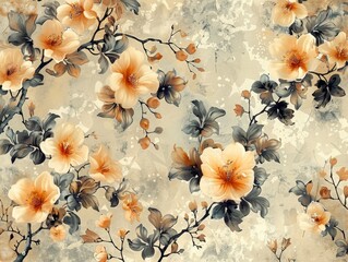 Soft, muted colors blend elegantly in this timeless vintage garden floral vine pattern for heritage textile prints