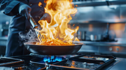 Flames engulf the contents of a pan held by a chef over a gas stove. - obrazy, fototapety, plakaty