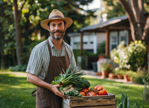 A smiling gardener holds a basket of vegetables in their summer garden