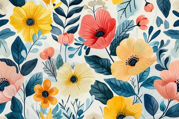Whimsical floral and vine background, playful and colorful design for a cheerful children's room wallpaper creation