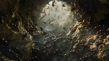 Busy ant colony working together in intricate underground tunnels - obrazy, fototapety, plakaty