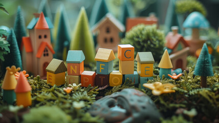 Miniature houses and alphabet blocks in a playful setup