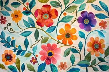 Whimsical floral and vine background, playful and colorful, for children's room wallpaper, hand-drawn and cheerful