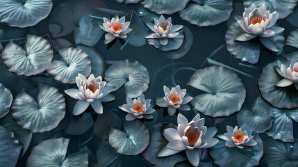 lotus flowers floating on tranquil water - obrazy, fototapety, plakaty