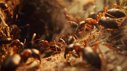 Busy ant colony working together in intricate underground tunnels - obrazy, fototapety, plakaty