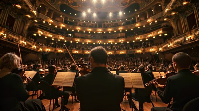 Orchestra performing in an opulent concert hall musicians on stage warm lighting and elegant design highlighting musical event