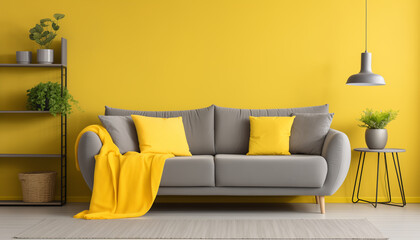 A stylish living room with a gray couch yellow pillows and a yellow blanket