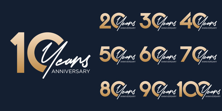 collection of 10 to 100th anniversary logotype design, with golden color for celebration event, wedding, greeting card, and invitation, vector illustration