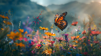 Colorful butterfly fluttering delicately among vibrant wildflowers