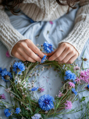 Young woman in cozy gray sweater making a wreath of wild flowers and herbs for Scandinavian midsummer celebration. Florist creating a summer decoration. Traditional craftsmanship.