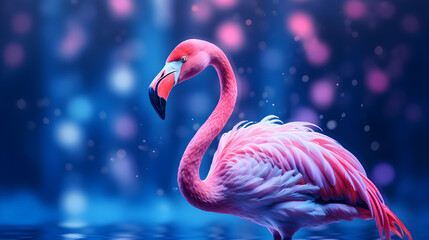 Close-up, pink flamingo on blue fantasy background with bokeh