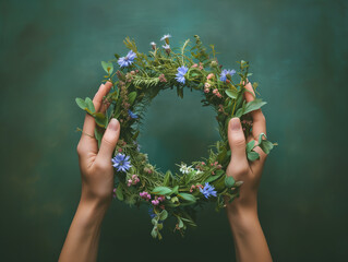 Hands holding a wreath of wild flowers and herbs, on green background. Scandinavian tradition. Floral decoration for midsummer celebration, summer solstice. From above, top view.