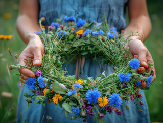 Woman in the meadow holding a wreath of wild flowers and herbs. Scandinavian tradition of midsummer celebration. Female hands holding a summer floral decoration.