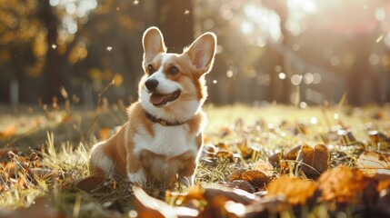 Pembroke Welsh Corgi sitting in fall leaf-covered grass. Bright autumn day and outdoor enjoyment concept