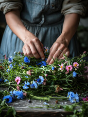 Woman making a wreath of fresh wild flowers and herbs for midsummer celebration. Florist creating a summer decoration. Traditional Scandinavian craftsmanship.