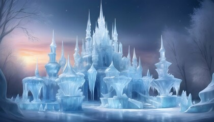 Enchanting Ice Palace With Glistening Ice Sculptur - obrazy, fototapety, plakaty