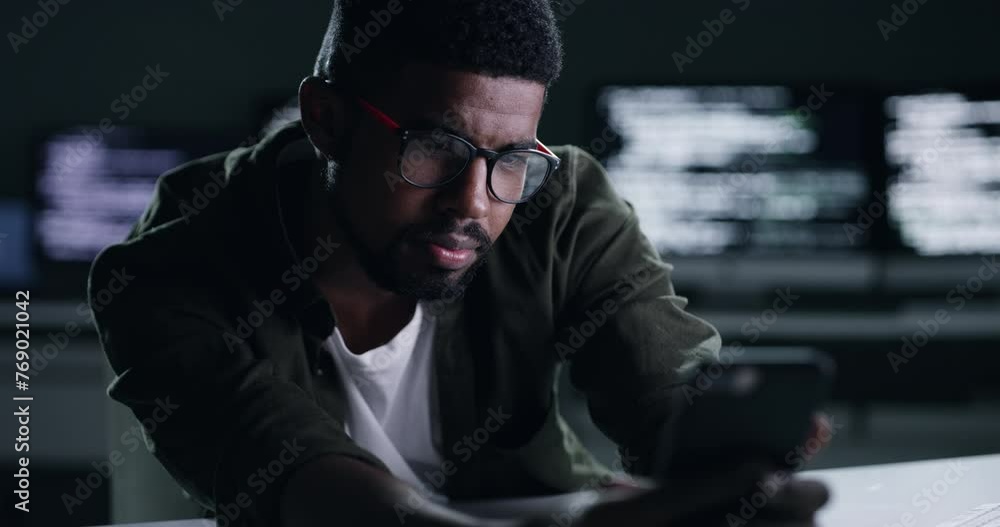 Poster Phone, coder and man reading problem, coding feedback or cloud computing fail of online network server. Smartphone, bad news and cyber security expert disappointed over programming results at night